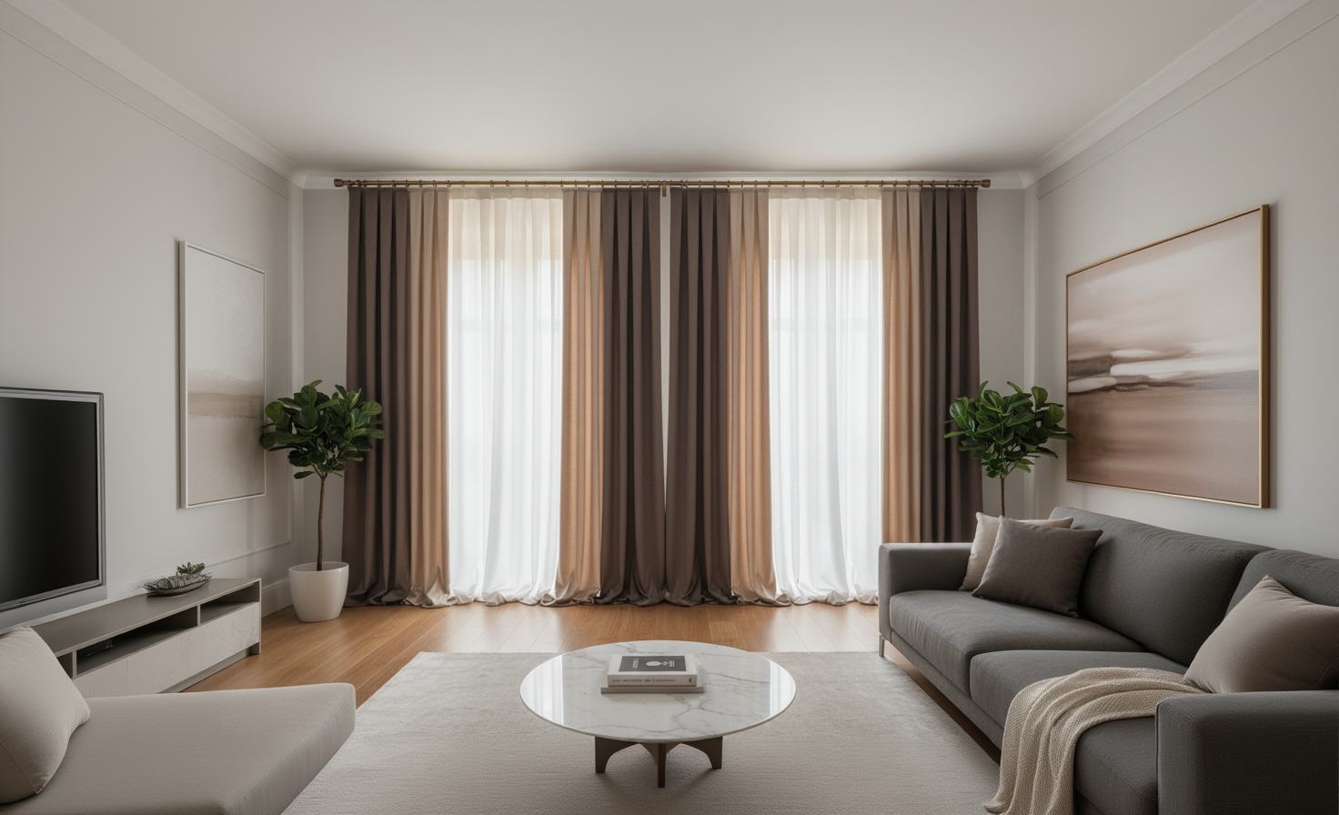 Luxe bruine gordijnen in brede kamer