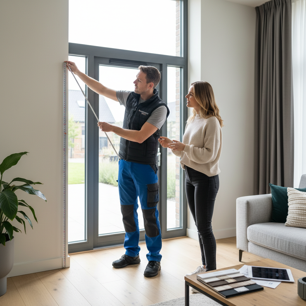 Monteur en klant bespreken raammetingen